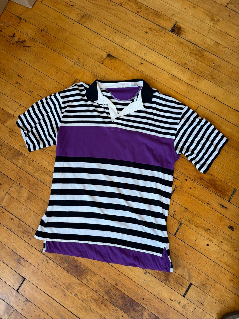 Men's Short-Sleeve Striped Polo in Purple, Black & White